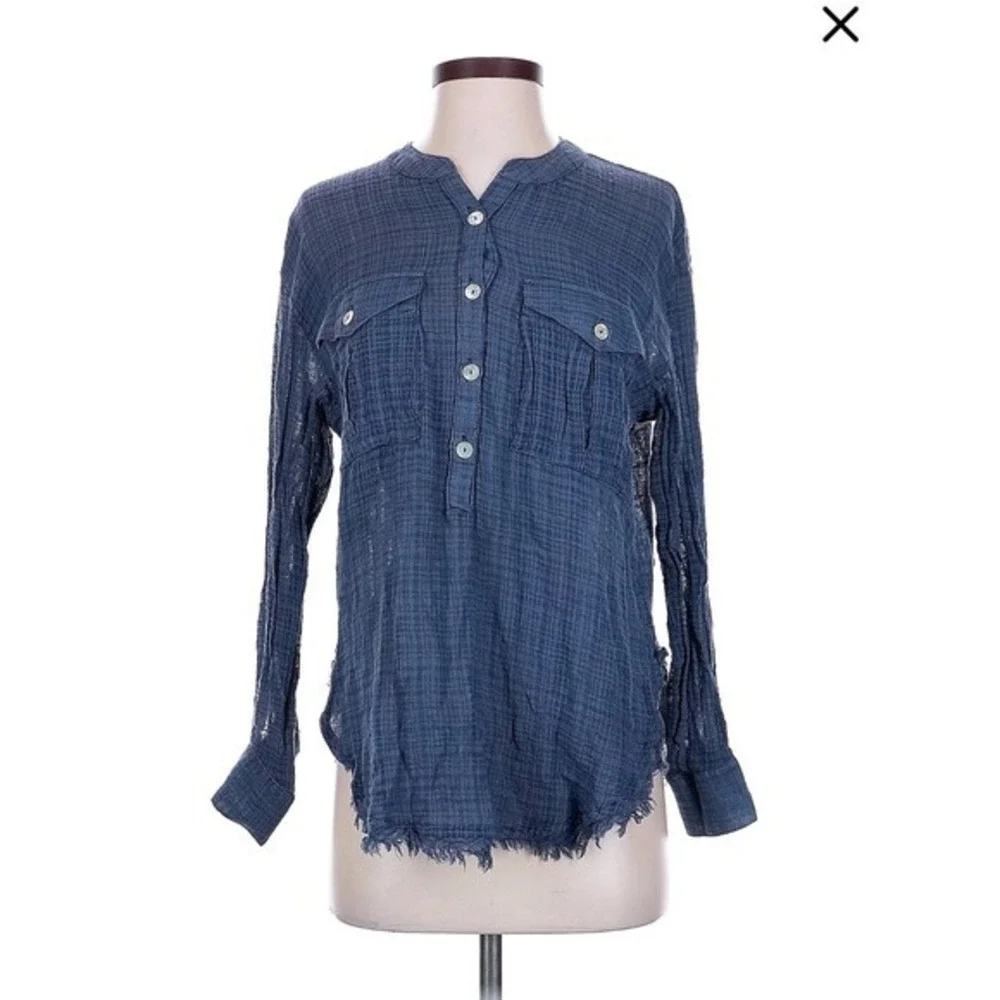 Free People Blue Gauze Tunic Top Long Sleeve Frayed‎ Hem Boho Small